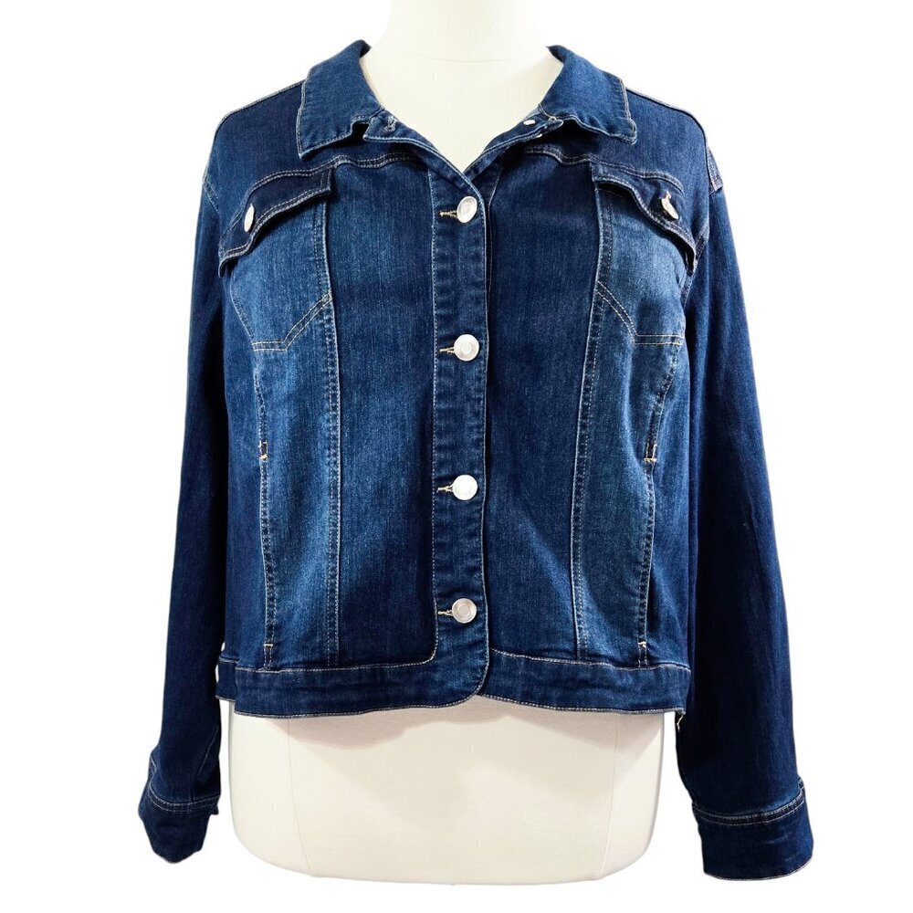 Catherines Dark Wash Button-Up Denim Jacket Classic Cropped Stretch Capsule